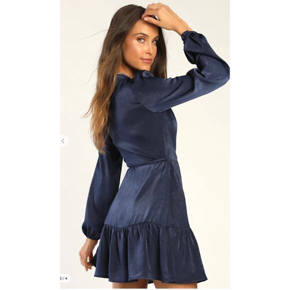 Lulus So Splendid Navy Blue Satin Long Sleeve Wrap Dress XS - Picture 2 of 9